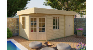 Mini casa de madera moderna 2 estancias en esquina 500x350 cms - 44MM - HELGE