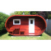 SAUNA EN FORMA OVAL DE ABETO DE 405X240 CMS FRONTAL ROJO