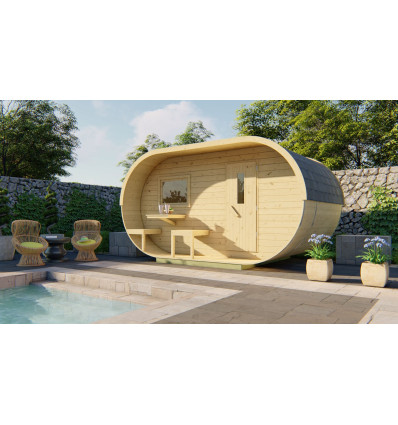 SAUNA EN FORMA OVAL DE ABETO DE 405X240 CMS PORTADA