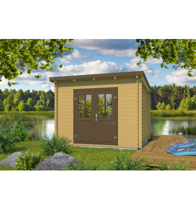 Caseta de madera prefabricada REUS  de techo plano 3x3 en 34mm Portada lasur