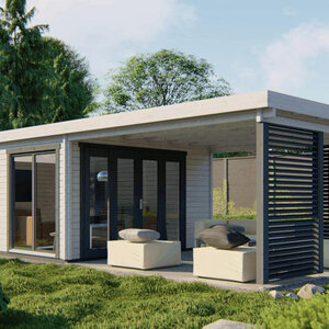Casas de Madera Prefabricadas Huelva - 18 m2 diáfanos y 15 m2  de porche - Casas de madera modernas con porche frontal HUELVA blanco