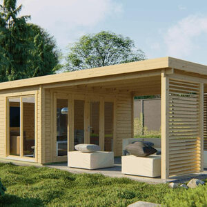Casas de Madera Prefabricadas Huelva - 18 m2 diáfanos y 15 m2  de porche - Casas de madera modernas con porche frontal HUELVA frontal incoloro