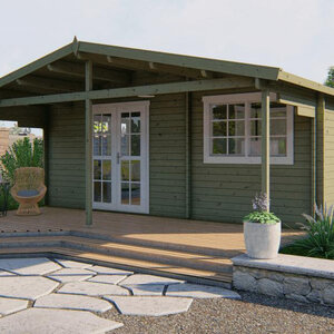 Casas de Madera Vigo - 1 dormitorio - 24 m2 + 12 m2 porche - Modelo Palmar - Casas de madera con estancias y porche PALMAR verde