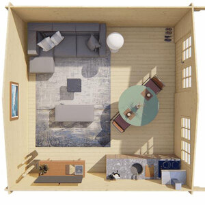 Casas de Madera Prefabricadas Gandía - 22 m2 - Diáfana - Modelo Hendrick - Casas de madera con climalit HENDRICK vista superior distribución