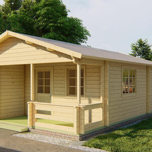 Casas Prefabricadas de Madera Chiclana - 2 dormitorios- 70 MM - 45 m2 - Modelo Kay - Cabaña de madera KAY - render