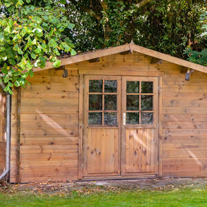 Casas de Madera Moncófar - Diáfana - 10 m2 - Modelo Dyre - Casetas de madera DYRE - HOBYCASA frontal roble