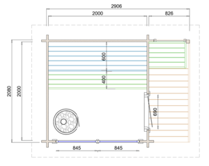 SAUNA TAMPERE S DE ABETO - 208X208+82,6 CMS - SAUNA TAMPERE PLANO