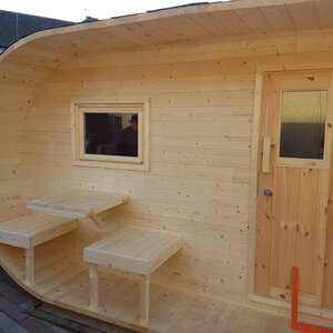 Saunas diseño original - Oval de Abeto - Medidas 405X240 CMS - SAUNA EN FORMA OVAL DE ABETO DE 405X240 CMS EXTERIOR