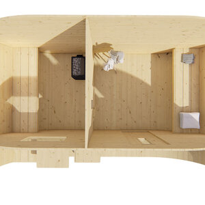 Saunas diseño original - Oval de Abeto - Medidas 405X240 CMS - SAUNA EN FORMA OVAL DE ABETO DE 405X240 CMS INTERIOR