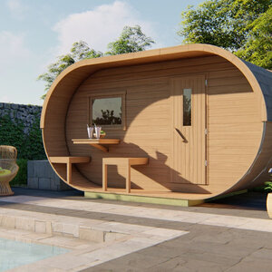 Saunas diseño original - Oval de Abeto - Medidas 405X240 CMS - SAUNA EN FORMA OVAL DE ABETO DE 405X240 CMS ROBLE