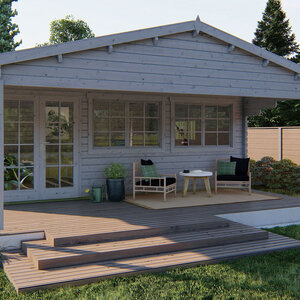 Casas de Madera Prefabricadas Jerez - 27 m2 diáfanos + 14 m2 de porche - Casas prefabricadas JEREZ 598x500+240cm - 44 MM - GRIS