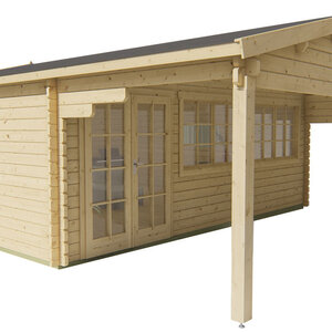 Casas de Madera Prefabricadas Jerez - 27 m2 diáfanos + 14 m2 de porche - Casas prefabricadas JEREZ 598x500+240cm - 44 MM - INCOLORO