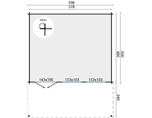 Casas de Madera Prefabricadas Jerez - 27 m2 diáfanos + 14 m2 de porche - Casas prefabricadas JEREZ 598x500+240cm - 44 MM - PLANO
