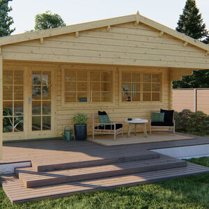 Casas de Madera Prefabricadas Jerez - 27 m2 diáfanos + 14 m2 de porche - Casas prefabricadas JEREZ 598x500+240cm - 44 MM - PORTADA