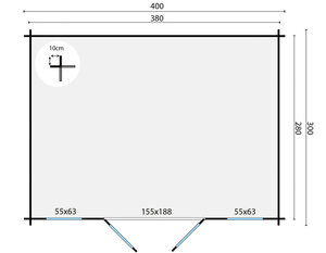 Casas de Madera Prefabricadas Álava - 10,6 m2 - Diáfana - Modelo Juha - Caseta de madera JUHA 28MM - 400x300 cms PLANO