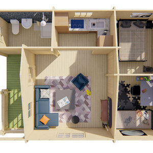 Casas Prefabricadas de Madera Chiclana - 2 dormitorios- 70 MM - 45 m2 - Modelo Kay - Cabaña de madera KAY - render interior