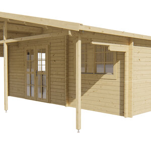 Casas de Madera Vigo - 1 dormitorio - 24 m2 + 12 m2 porche - Modelo Palmar - Casas de madera con estancias y porche PALMAR frontal