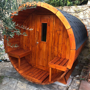 Sauna Barril de Abeto - 205 diámetro - 250 cms de largo - SAUNA BARRIL DE ABETO DE DIAMETRO 195 Y 250 CMS DE LARGO - FRONTAL