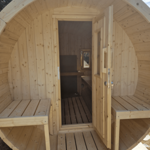 Sauna Barril de Abeto - 205 diámetro - 300 cms de largo - SAUNA BARRIL DE ABETO DE DIAMETRO 205 Y 300 CMS DE LARGO - ENTRADA