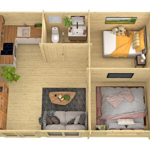 Casas de Madera Prefabricadas Cambrils - 2 dormitorios - 35 m2 - Modelo Flat - CASAS DE MADERA MODERNAS FLAT RENDER INTERIOR