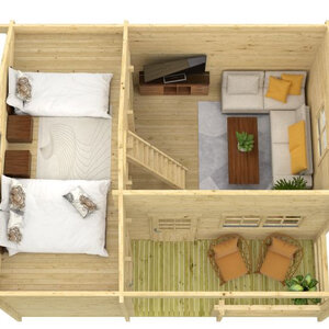 Casas Prefabricadas de Madera Orense - Con altillo - 26 m2 - Modelo Edelweiss - Casa de Campo EDELWEISS - render altillo