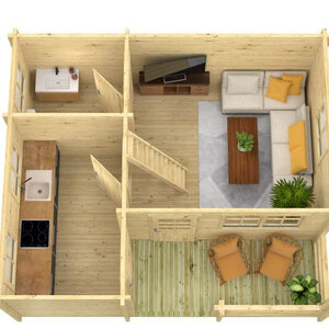 Casas Prefabricadas de Madera Orense - Con altillo - 26 m2 - Modelo Edelweiss - Casa de Campo EDELWEISS - render planta baja