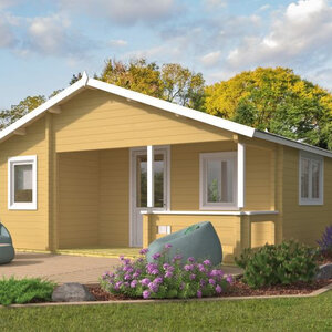 Casas Prefabricadas de Madera Chiclana - 2 dormitorios- 70 MM - 45 m2 - Modelo Kay - Cabaña de madera KAY - PORTADA amarillo