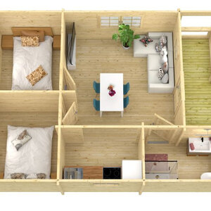 Casas Prefabricadas de Madera Chiclana - 2 dormitorios- 70 MM - 45 m2 - Modelo Kay - Cabaña de madera KAY - interior