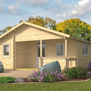 Casas Prefabricadas de Madera Chiclana - 2 dormitorios- 70 MM - 45 m2 - Modelo Kay - Cabaña de madera KAY - PORTADA pvc