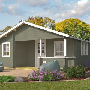 Casas Prefabricadas de Madera Chiclana - 2 dormitorios- 70 MM - 45 m2 - Modelo Kay - Cabaña de madera KAY - PORTADA verde