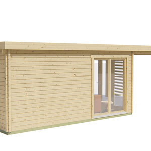 Casas de Madera Prefabricadas Huelva - 18 m2 diáfanos y 15 m2  de porche - Casas de madera modernas con porche frontal HUELVA frontal