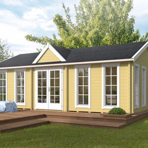 Casas Prefabricadas de Madera Benalmádena - Diáfana - 38 m2 - Modelo Dunmore - Minicasas con grandes cristaleras- DUNMORE- Portada amarillo