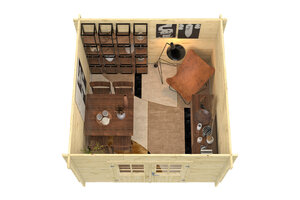 Caseta de madera prefabricada REUS  de techo plano 3x3 en 34mm - Caseta de madera prefabricada REUS  de techo plano 3x3 en 34mm render interior