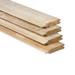 Tabla de pino con doble unión a solape, 1,8 x 14,0 x 360 cm, impregnada verde y cepillada (palet 168 uds)