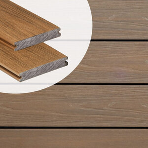 Tabla de tarima composite PuraShield, 2,3 x 13,8 x 300 cm, clips, maciza, color teca (palet 91 uds)