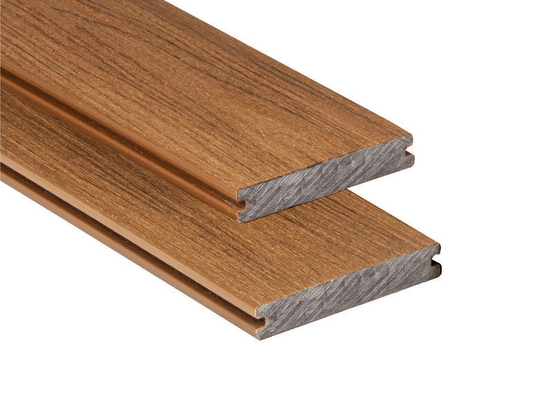 Tabla de tarima composite PuraShield, 2,3 x 13,8 x 500 cm, clips, maciza, color teca (palet 84 uds)