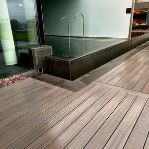 Tabla de tarima composite PuraShield, 2,3 x 13,8 x 300 cm, clips, maciza, color ipé (palet 91 uds)