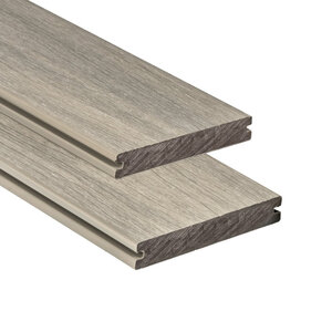 Tabla de tarima composite PuraShield, 2,3 x 13,8 x 300 cm, clips, maciza, color gris claro (palet 91 uds)