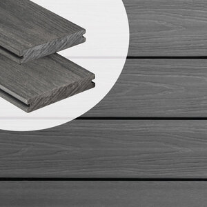 Tabla de tarima composite PuraShield, 2,3 x 13,8 x 500 cm, clips, maciza, color gris oscuro (palet 84 uds)