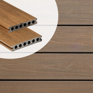 Tabla de tarima composite PuraShield, 2,3 x 13,8 x 400 cm, clips, alveolar, color teca (palet 126 uds)