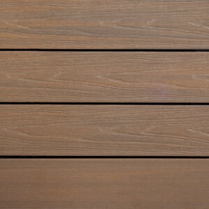 Tabla de tarima composite PuraShield, 2,3 x 13,8 x 400 cm, clips, alveolar, color teca (palet 126 uds)