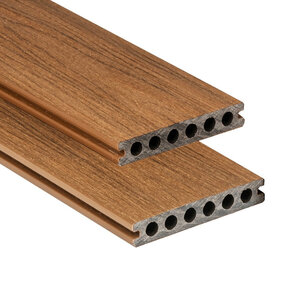Tabla de tarima composite PuraShield, 2,3 x 13,8 x 500 cm, clips, alveolar, color teca (palet 91 uds)