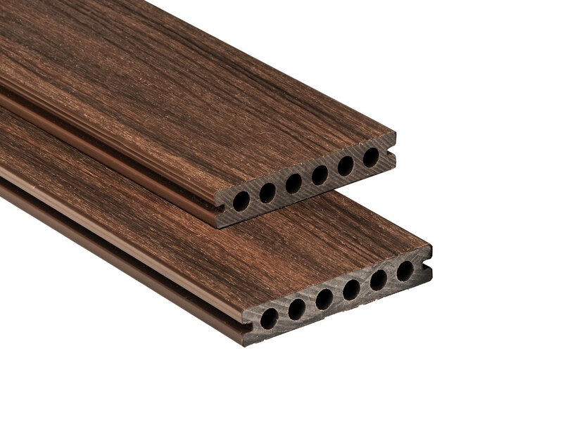 Tabla de tarima composite PuraShield, 2,3 x 13,8 x 500 cm, clips, alveolar, color ipé (palet 91 uds)