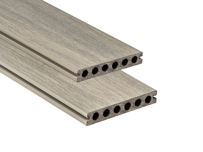 Tabla de tarima composite PuraShield, 2,3 x 13,8 x 300 cm, clips, alveolar, color gris claro (palet 126 uds)