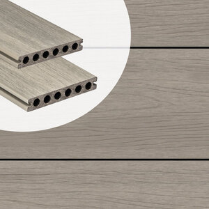 Tabla de tarima composite PuraShield, 2,3 x 13,8 x 400 cm, clips, alveolar, color gris claro (palet 126 uds)