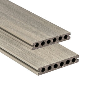 Tabla de tarima composite PuraShield, 2,3 x 13,8 x 500 cm, clips, alveolar, color gris claro (palet 91 uds)