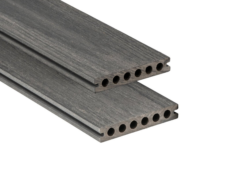 Tabla de tarima composite PuraShield, 2,3 x 13,8 x 300 cm, clips, alveolar, color gris oscuro (palet 126 uds)