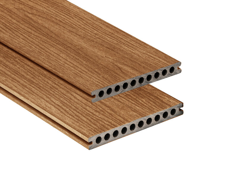 Tabla de tarima composite PuraShield, 2,3 x 21,0 x 300 cm, clips, alveolar, color teca (palet 90 uds)