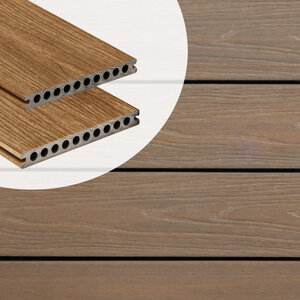 Tabla de tarima composite PuraShield, 2,3 x 21,0 x 300 cm, clips, alveolar, color teca (palet 90 uds)
