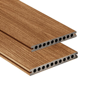 Tabla de tarima composite PuraShield, 2,3 x 21,0 x 400 cm, clips, alveolar, color teca (palet 90 uds)
